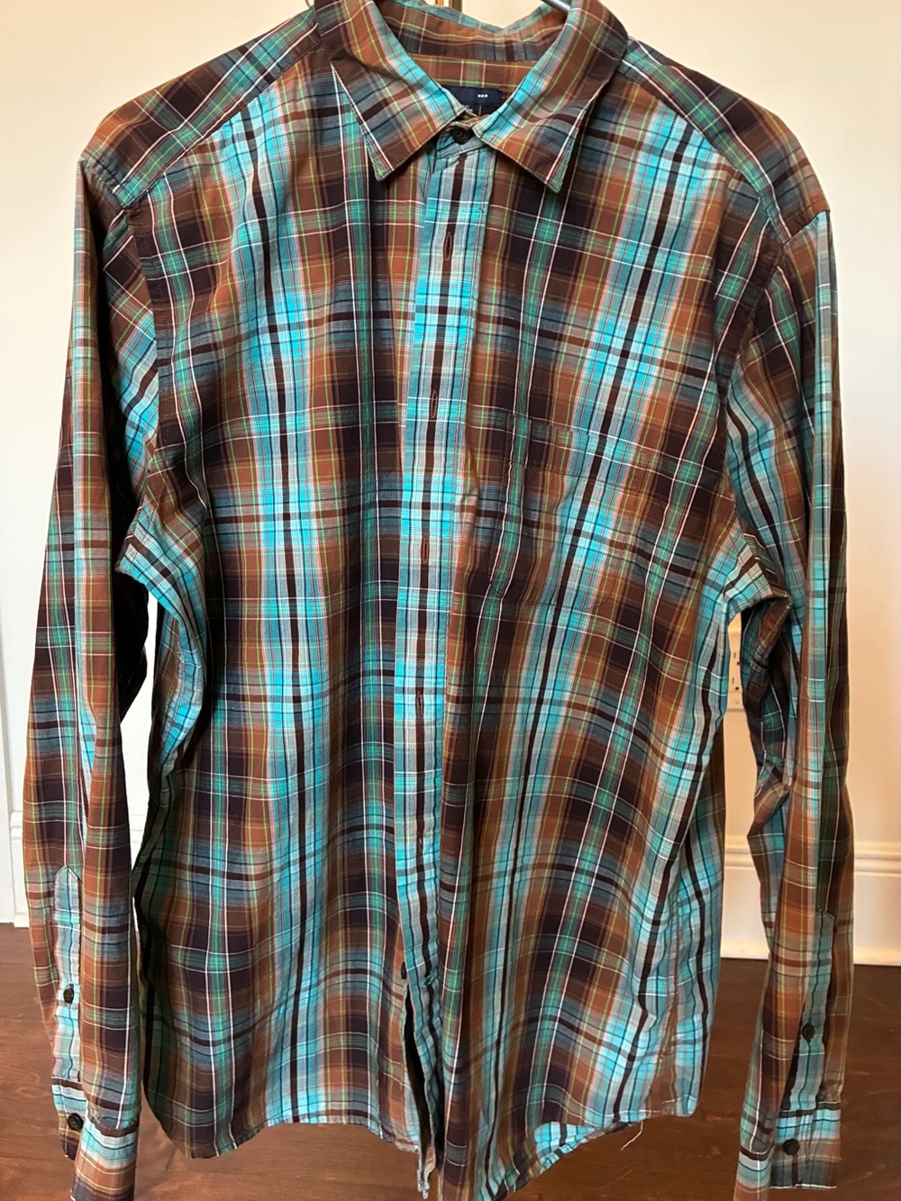 Gap Men’s Plaid Long Sleeve Button Down Shirt Brown Turquoise Size L
